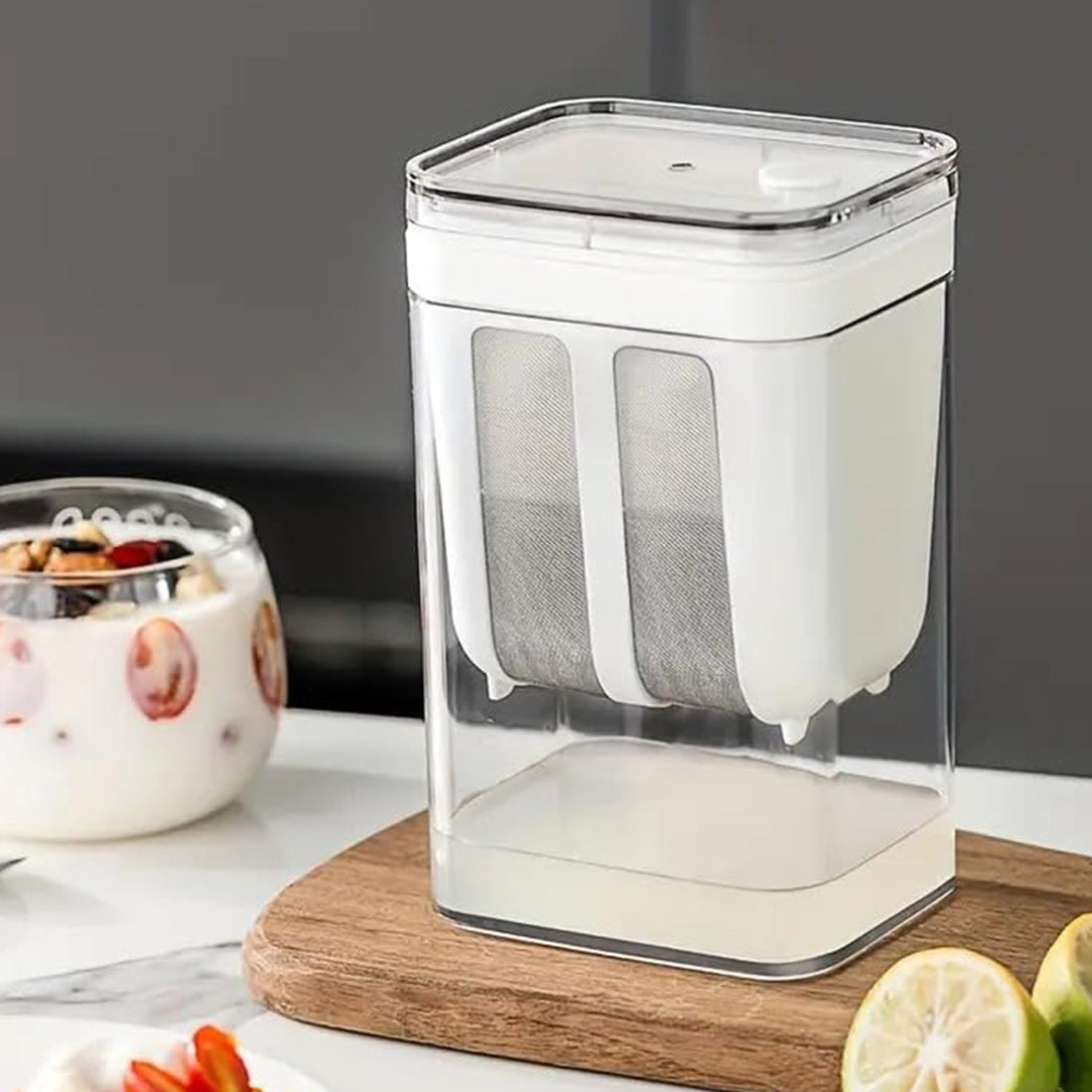 Yogurt strainer with transparent base for easy monitoring of strained yogurt