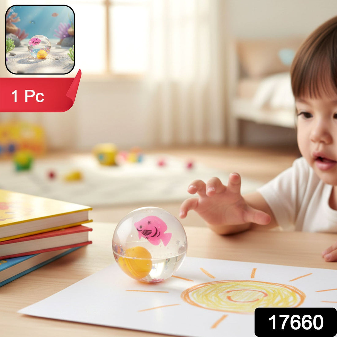 Light-up bouncy ball with transparent shell and floating glitter