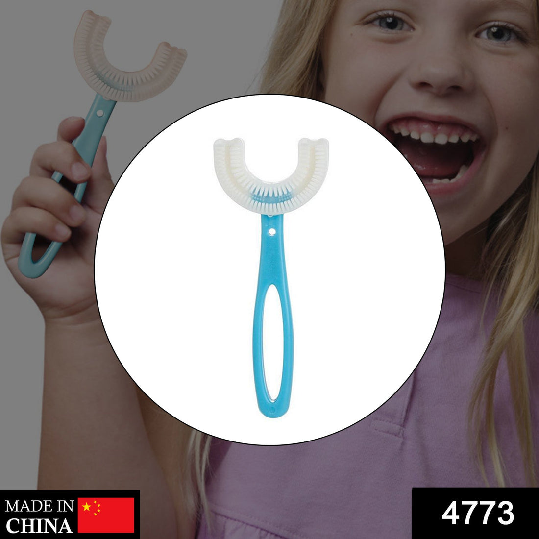 Kids U-Shaped Toothbrush in blue, designed for gentle and effective cleaning.