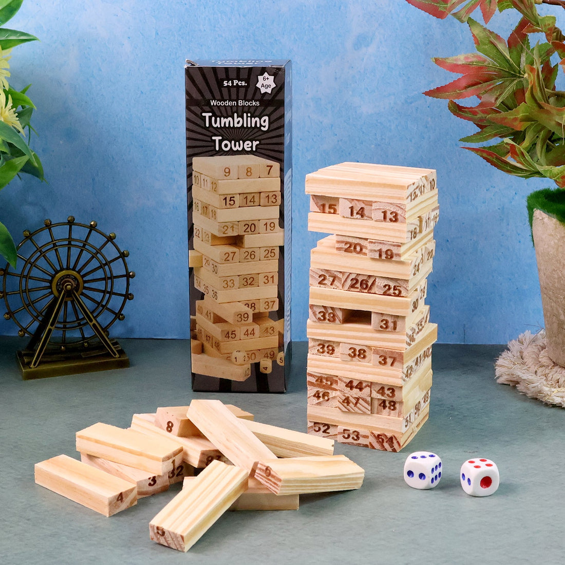 Wooden Tumbling Tower Game in progress showing stacked numbered blocks