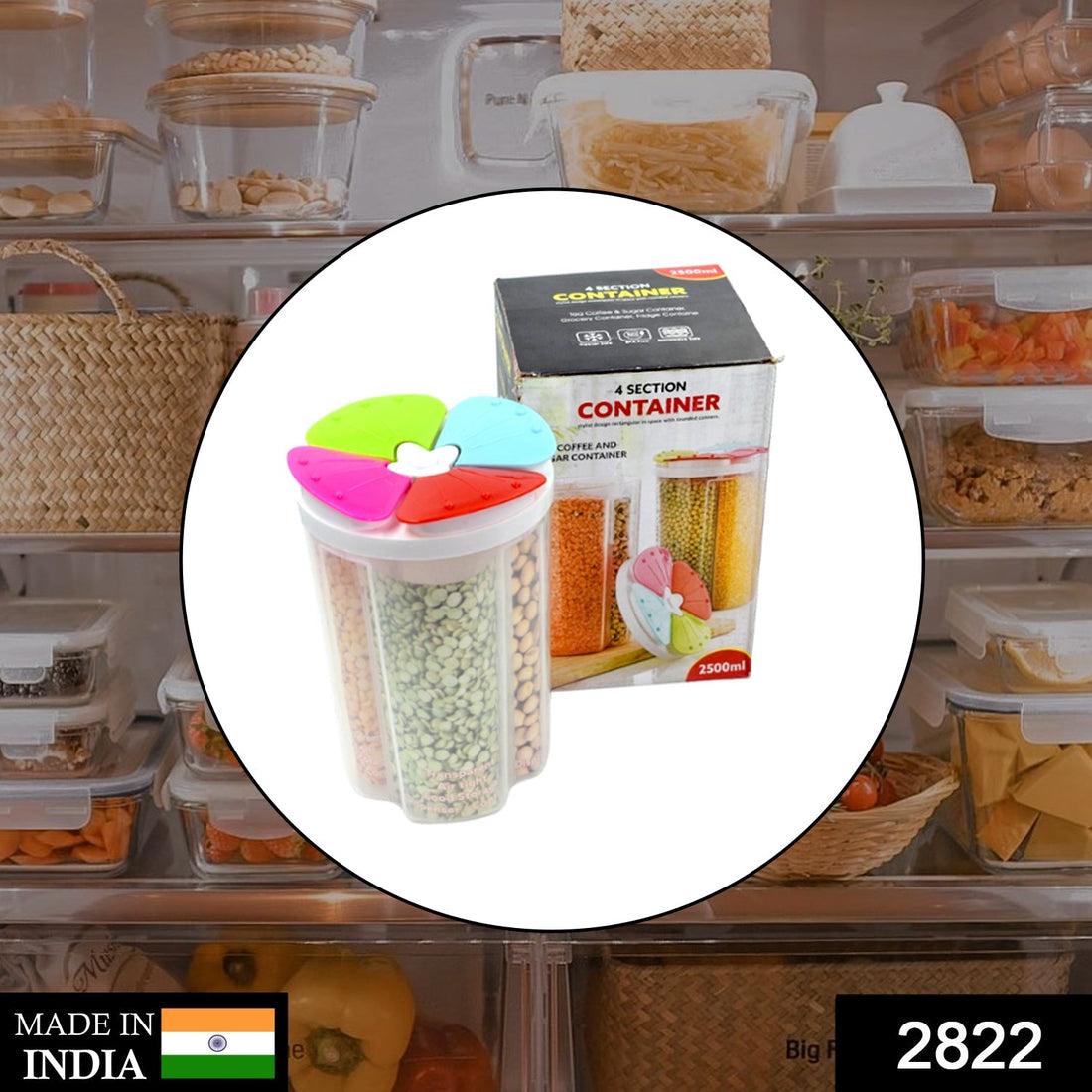Transparent 4 section storage container with a pink lid, holding various cereals.