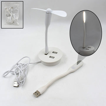 Portable USB Fan and LED light with 3-port USB hub.