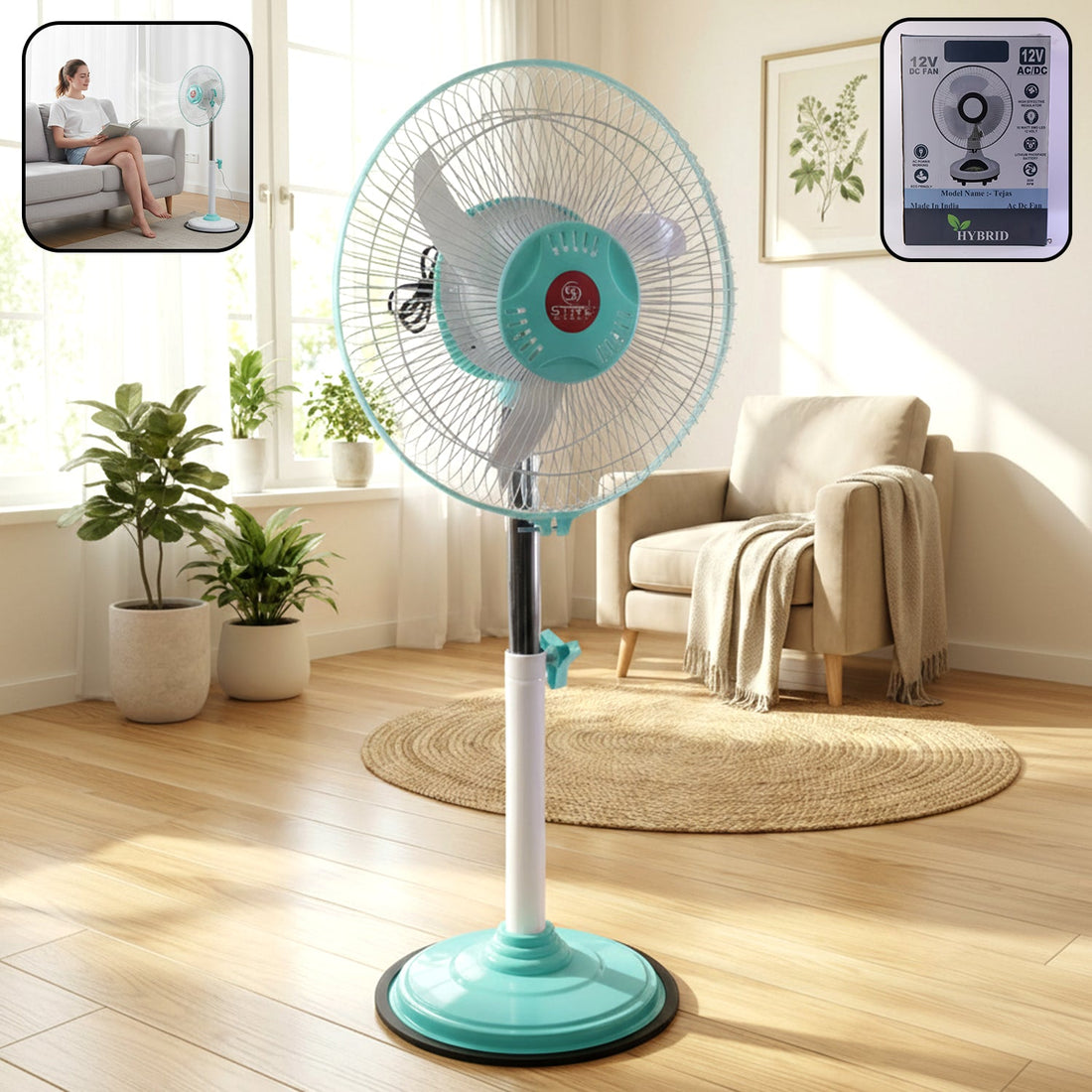 12V DC hybrid pedestal table fan with adapter - main product shot