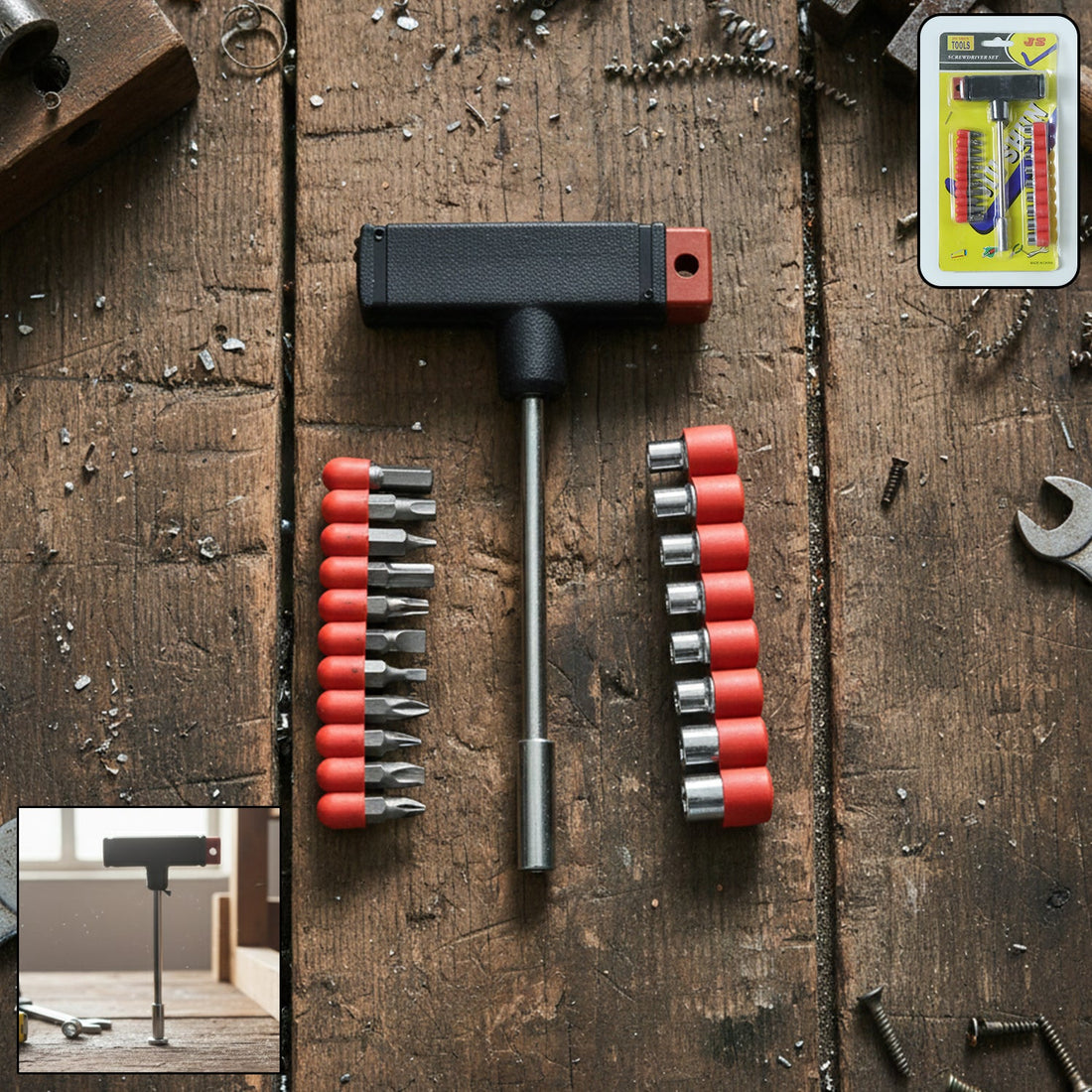 The T Handle Screwdriver Set with 20 interchangeable heads in its packaging.