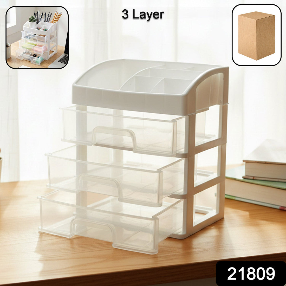 3 layer desktop storage organizer with transparent sliding drawers on a desk