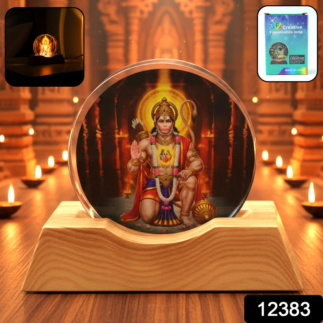 3D Hanuman Ji Acrylic LED Night Lamp with wooden base showcasing spiritual illumination