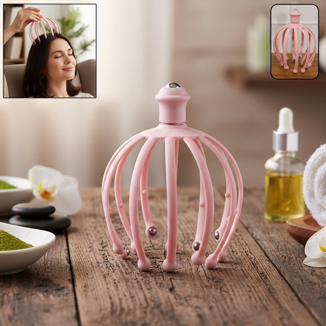 Person using a manual scalp massager with rolling ball tips for relaxation.