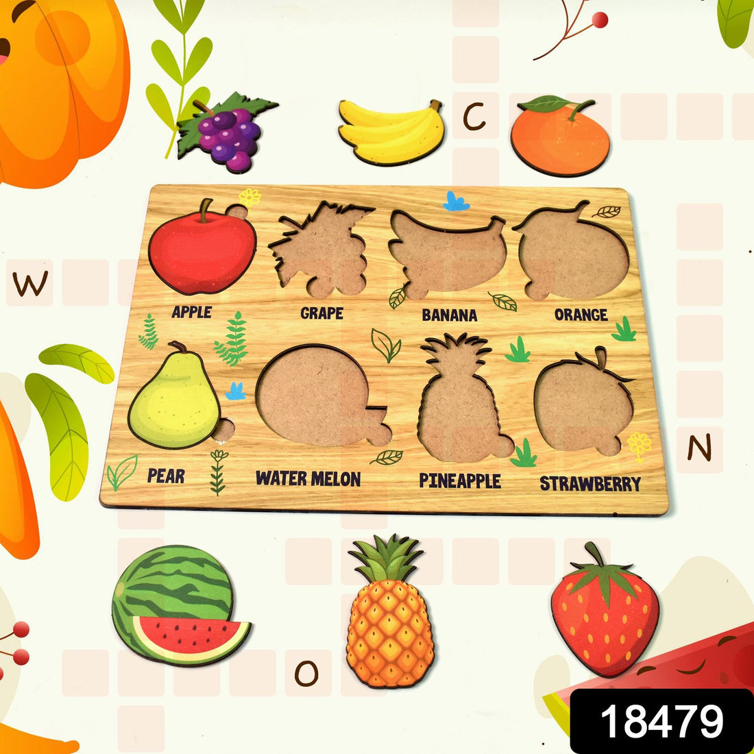 Wooden Fruit Puzzle board with colourful fruit shapes displayed on a white background.