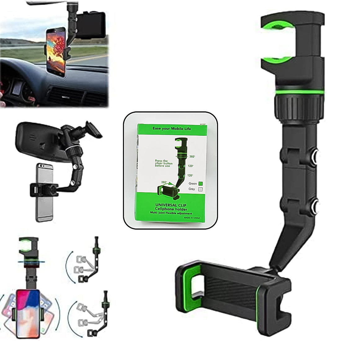Multifunctional car rear view mobile holder with phone mounted, showcasing easy visibility.