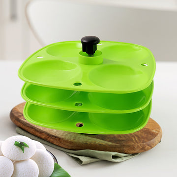 Front view of the 3 Layer Idli Stand, ready for easy idli making.