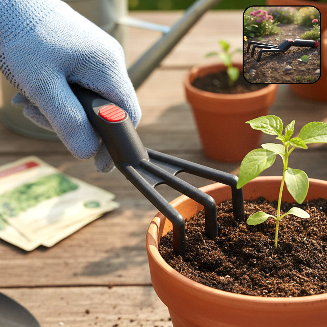 Ergonomic plastic hand garden cultivator rake for soil aeration