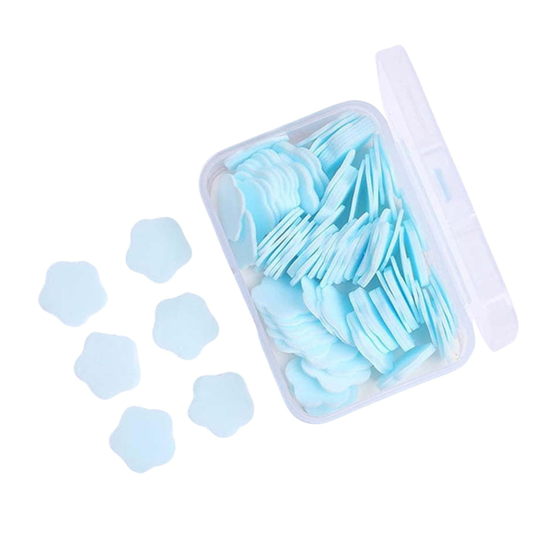 Compact case of colourful flower-shaped travel soap sheets.