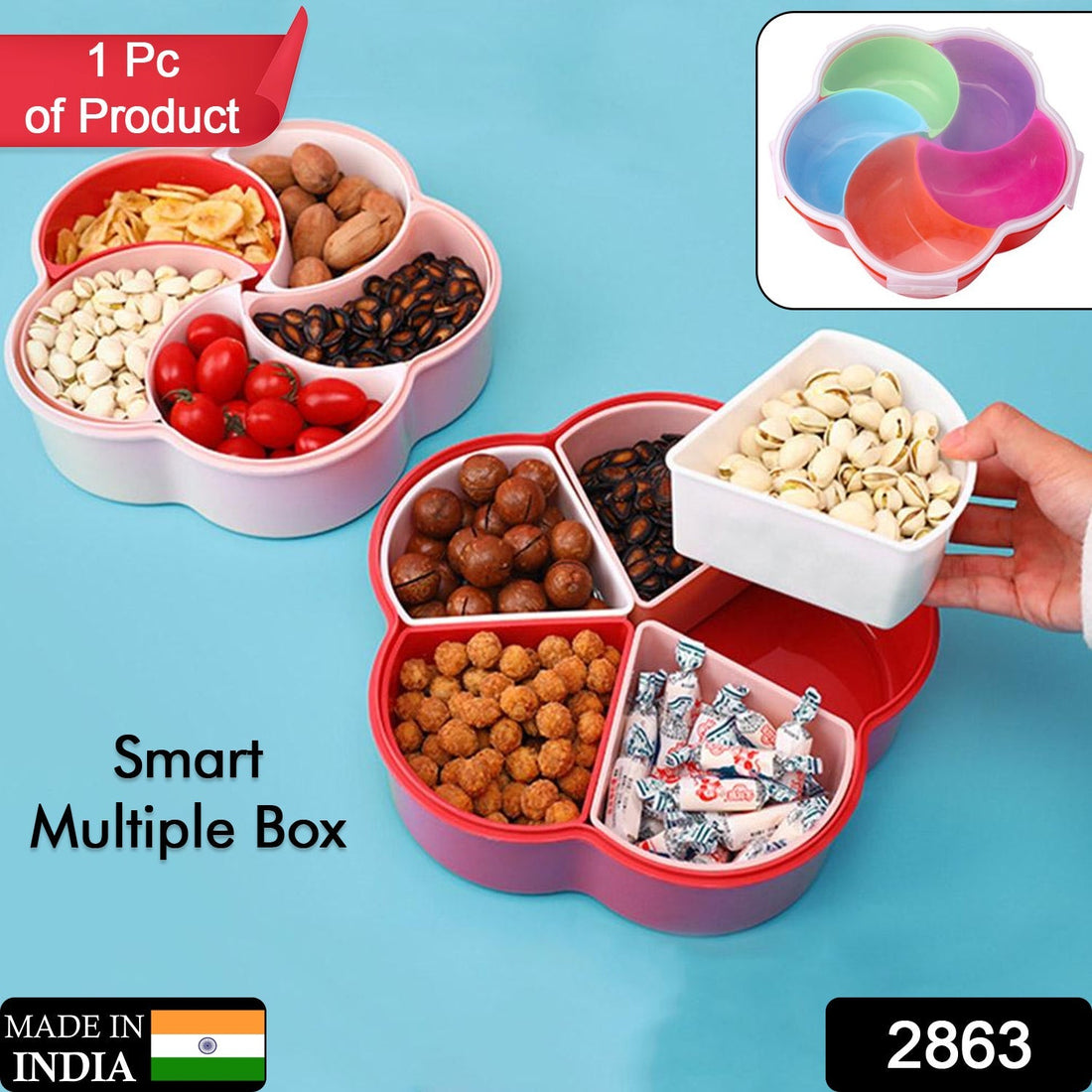 Clear 5 compartment snack box filled with various dry fruits and nuts.