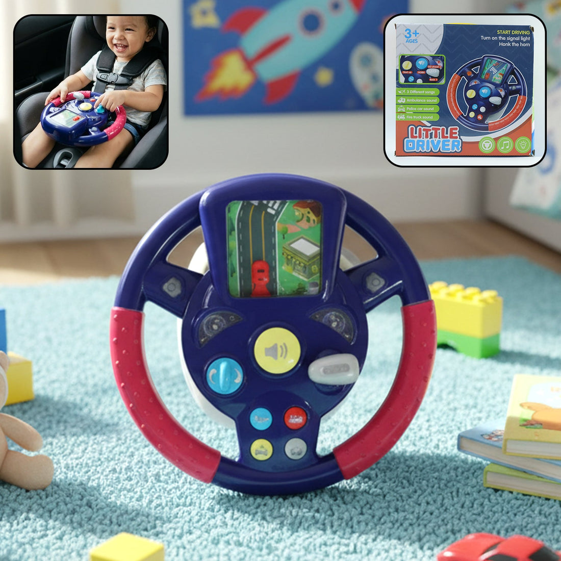 Musical steering wheel toy with colorful interactive buttons and lights