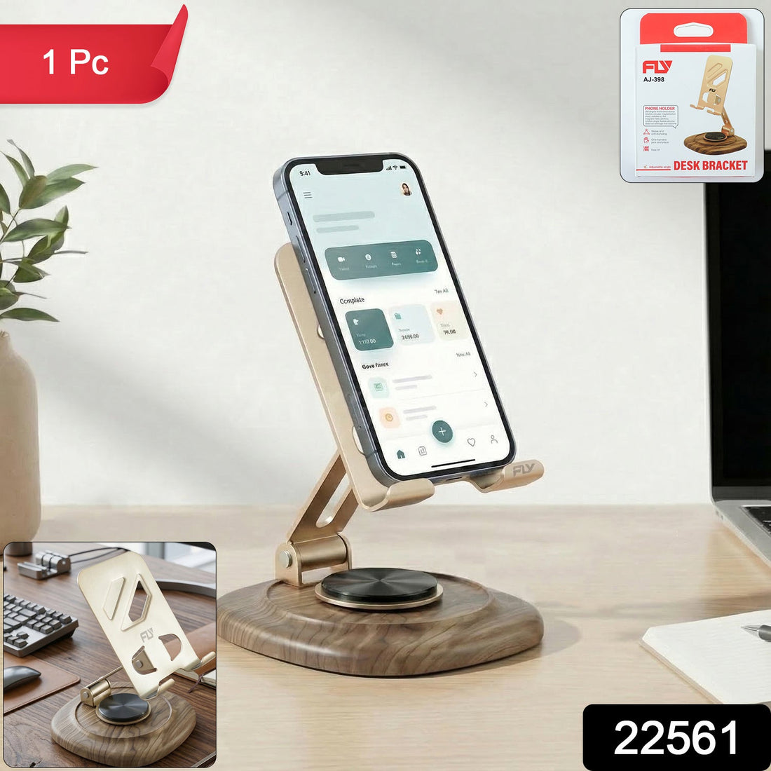 Adjustable metal mobile phone stand with plastic base on a desk