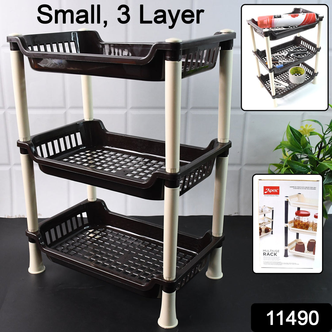 3-Tier Plastic Storage Rack Organizer in kitchen holding vegetables and crockery