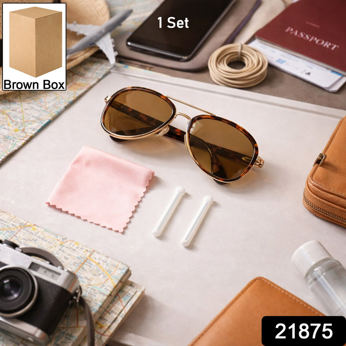Travel-friendly sunglasses protection kit set with cleaning cloth and grips