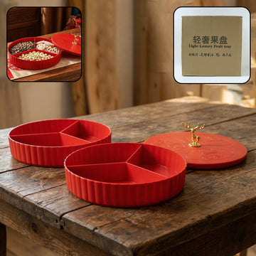 2 layer dry fruit serving tray with decorative lid and partitions