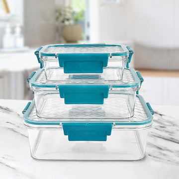 Airtight plastic lunch box set with secure locking lids shown from front