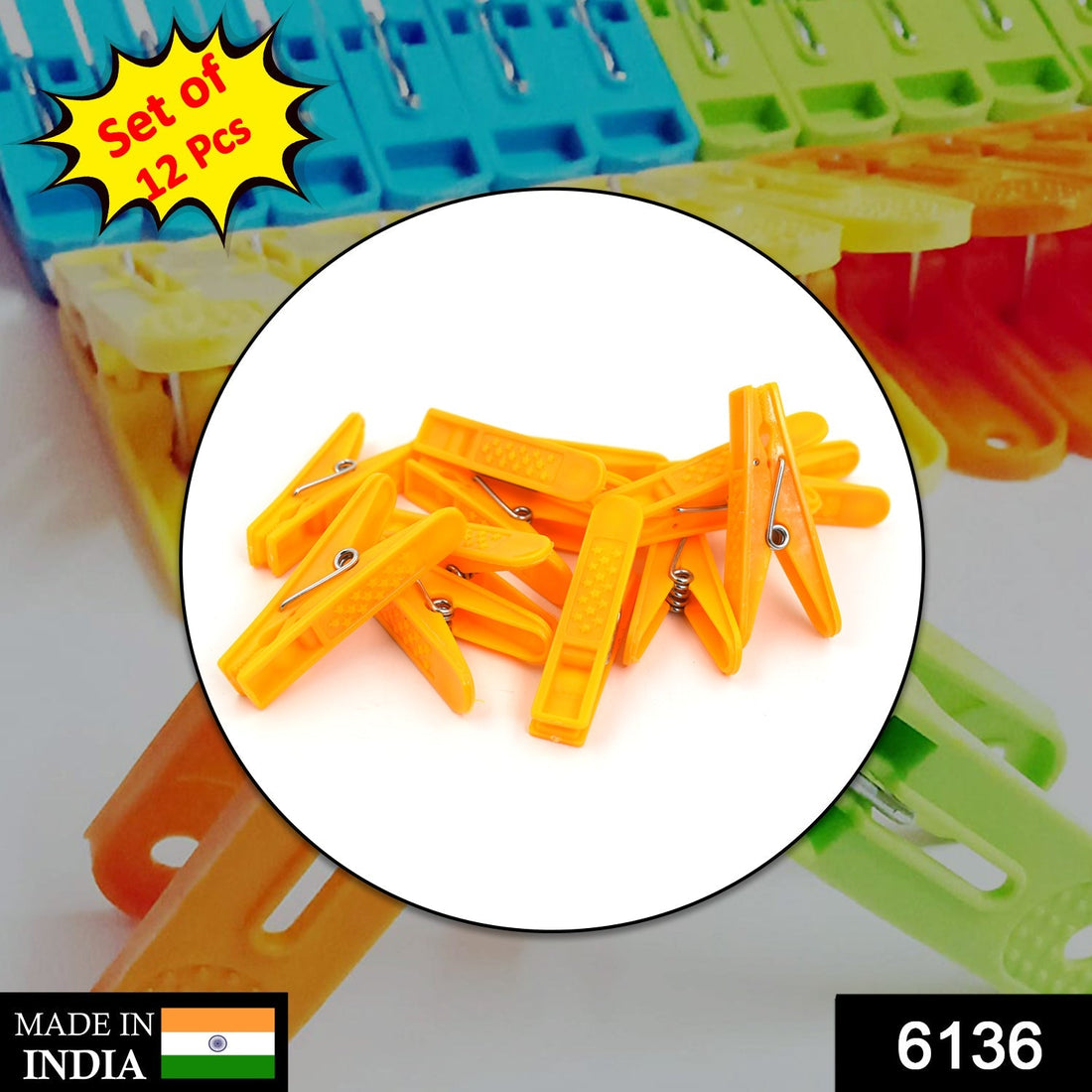 A pack of 12 durable cloth clips, ideal for laundry and household use.
