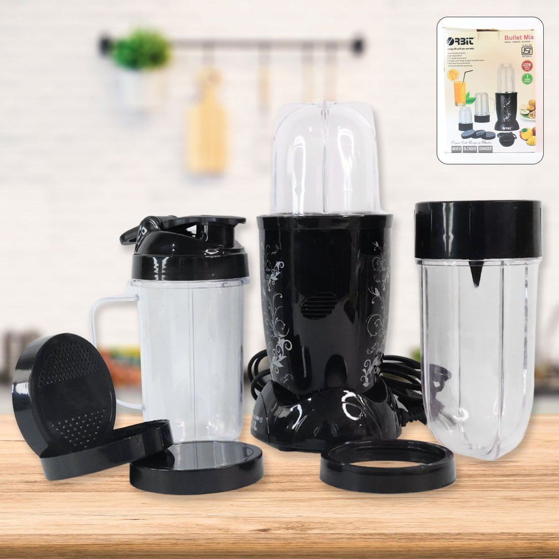 Orbit 400W bullet mixer grinder with 3 jars on kitchen counter