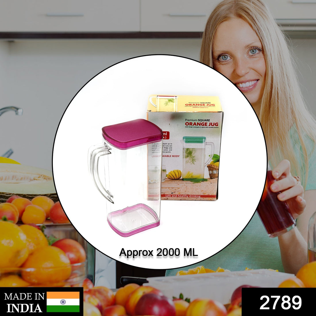 2000ml square plastic water jug with an easy-pour spout and secure lid.
