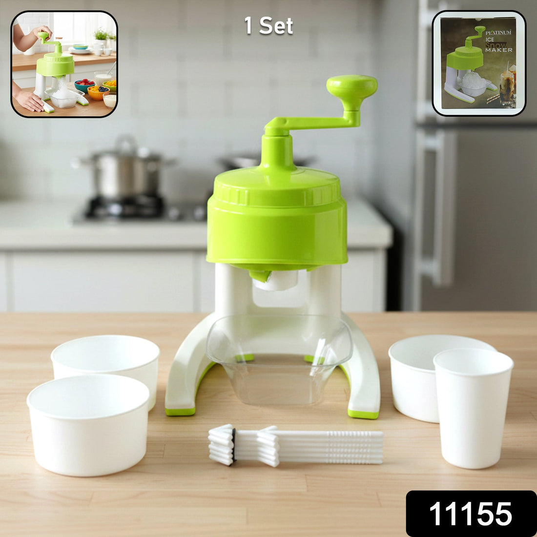 Manual ice crusher with hand crank and colorful bowls for snow cones