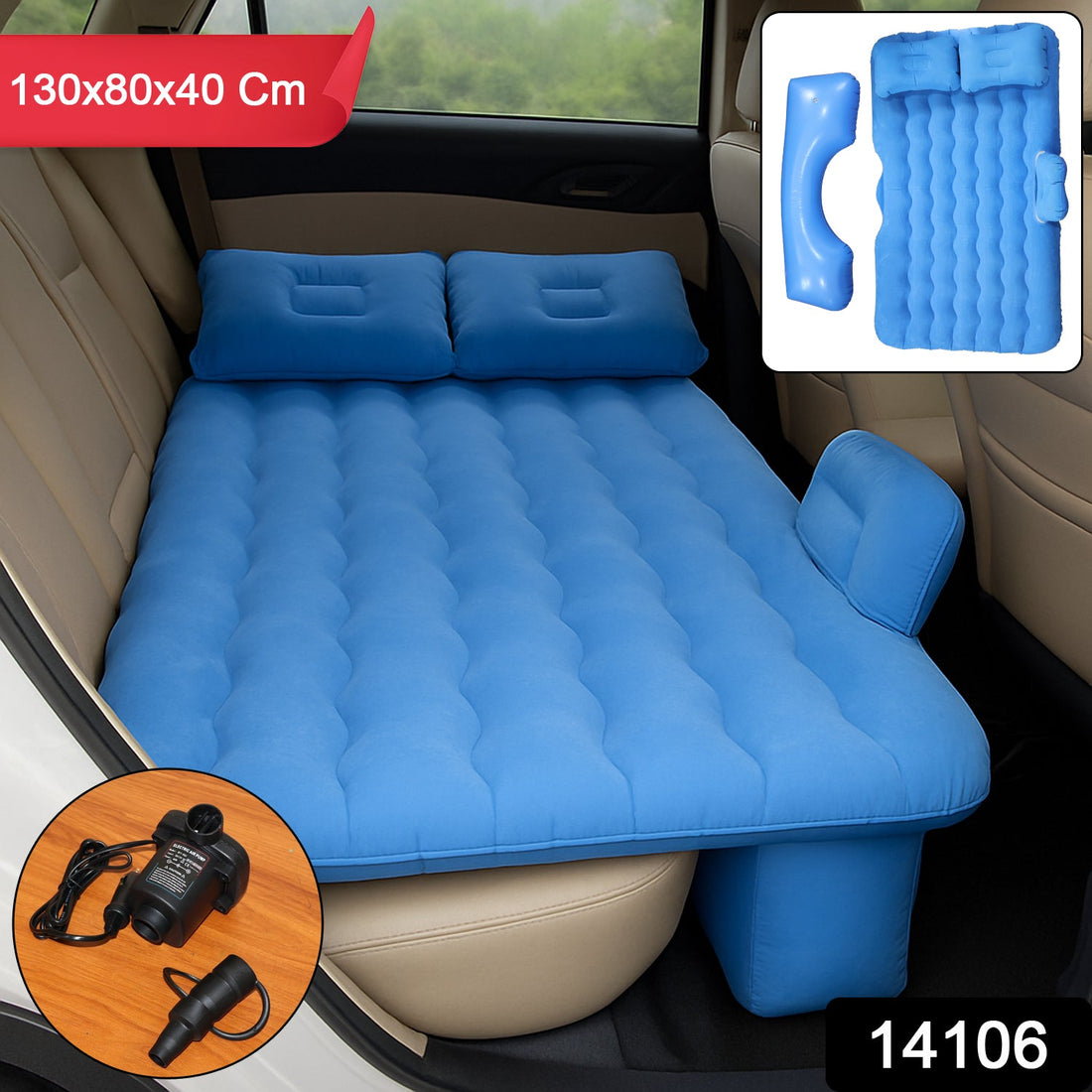 Inflatable car backseat air mattress bed showing full layout with pump and pillows