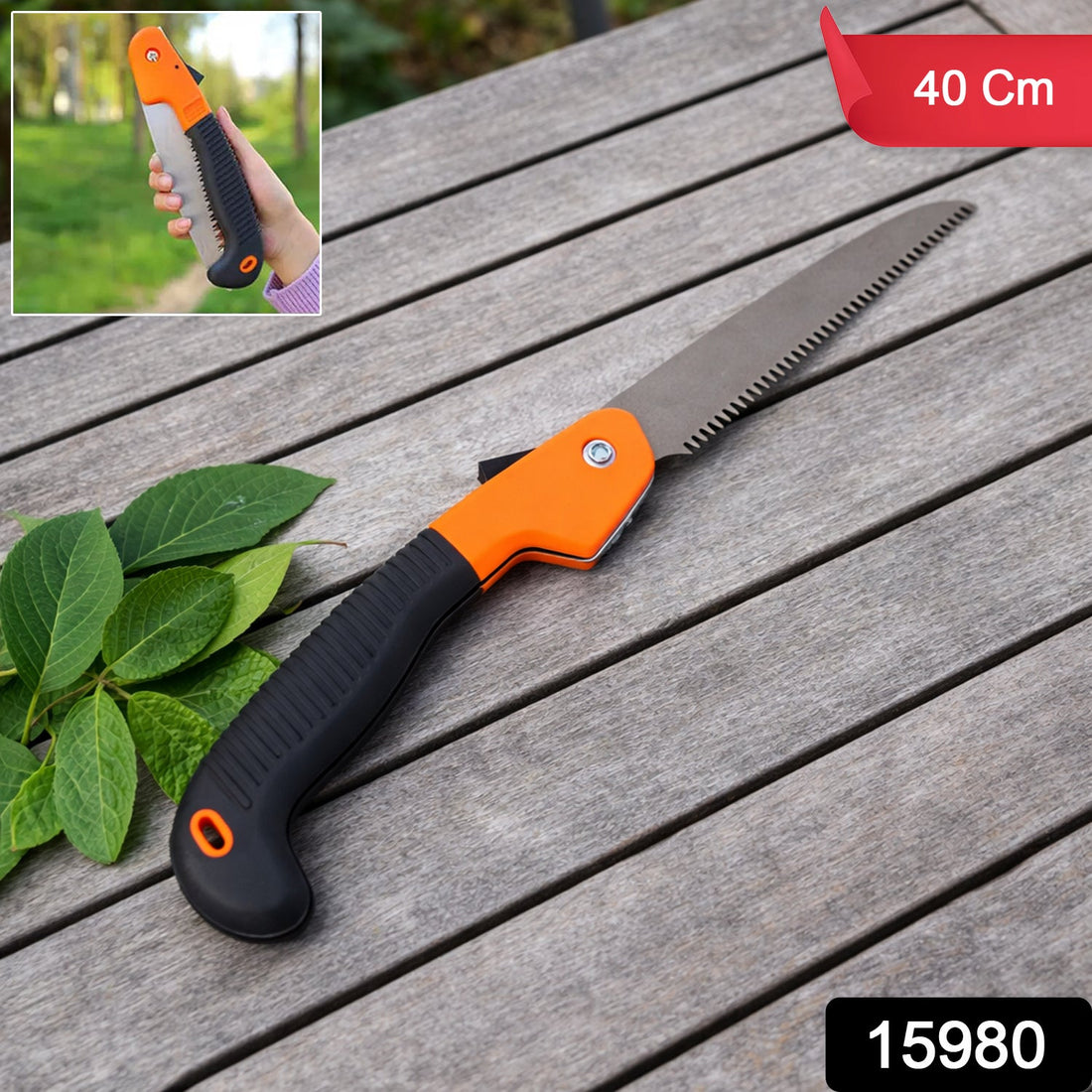 Heavy duty folding garden hand saw with sharp toothed steel blade and ergonomic grip