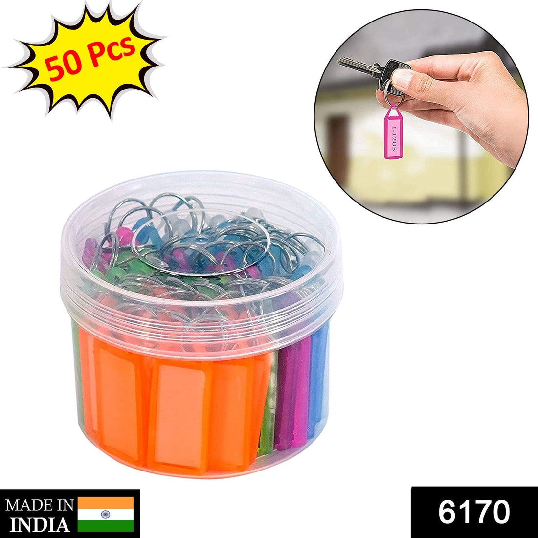 Assorted translucent plastic keychain tags with paper labels, set of 50.