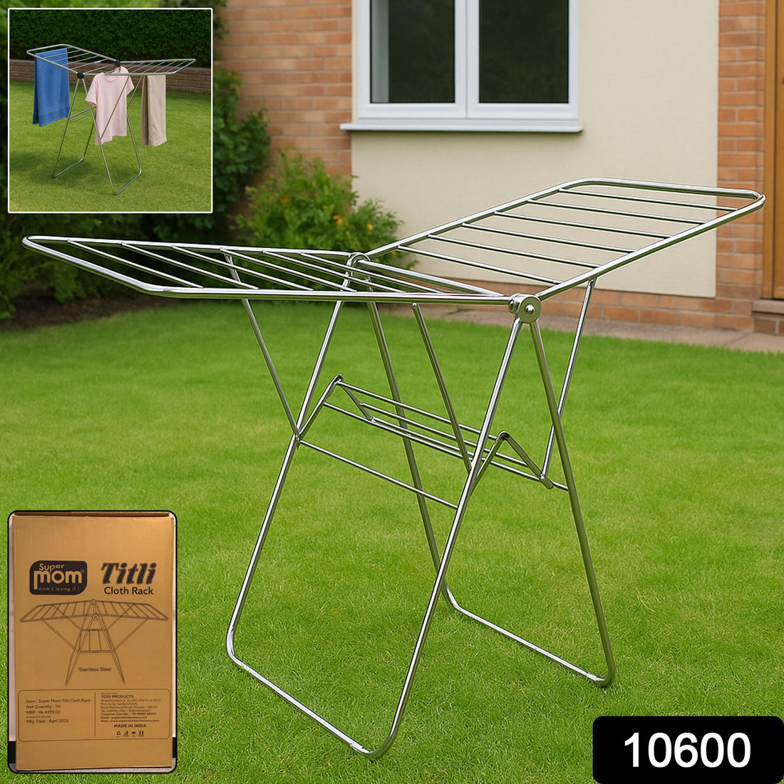 Supermom cloth drying stand foldable stainless steel rack with multiple rods for laundry drying