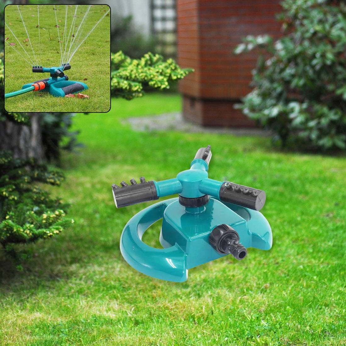 Rotating garden sprinkler efficiently watering a lush green lawn.