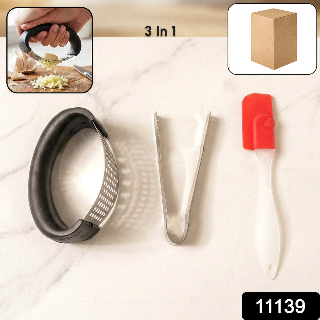 3-in-1 kitchen tool set showing garlic crusher, food tongs, and silicone spatula