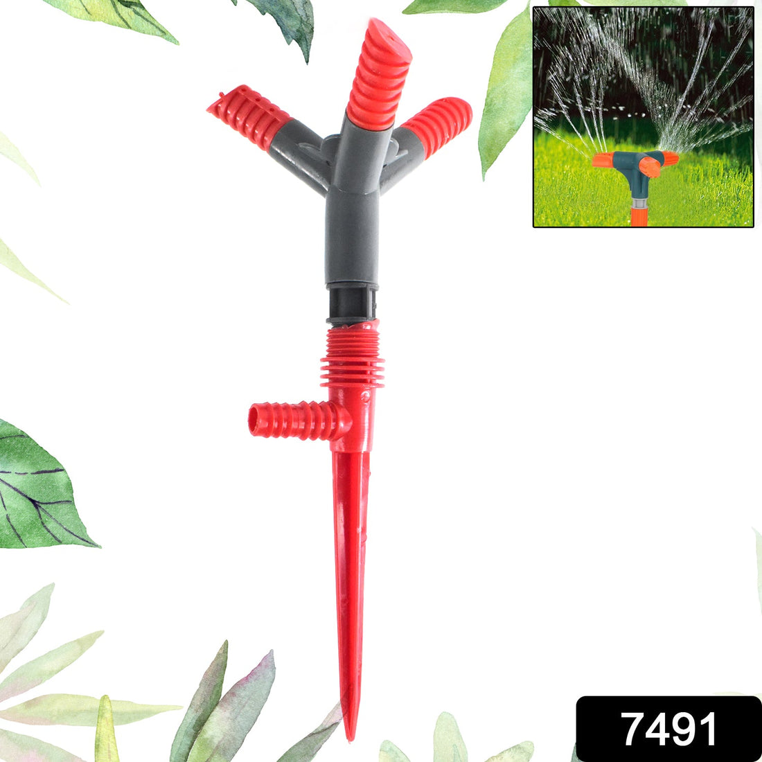 3 arm rotating garden sprinkler top view on lush green grass.