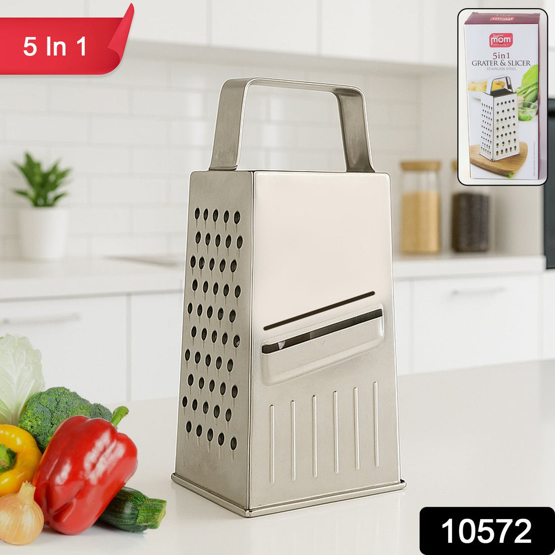 Stainless steel 5-in-1 multipurpose kitchen grater and slicer for vegetables and cheese.