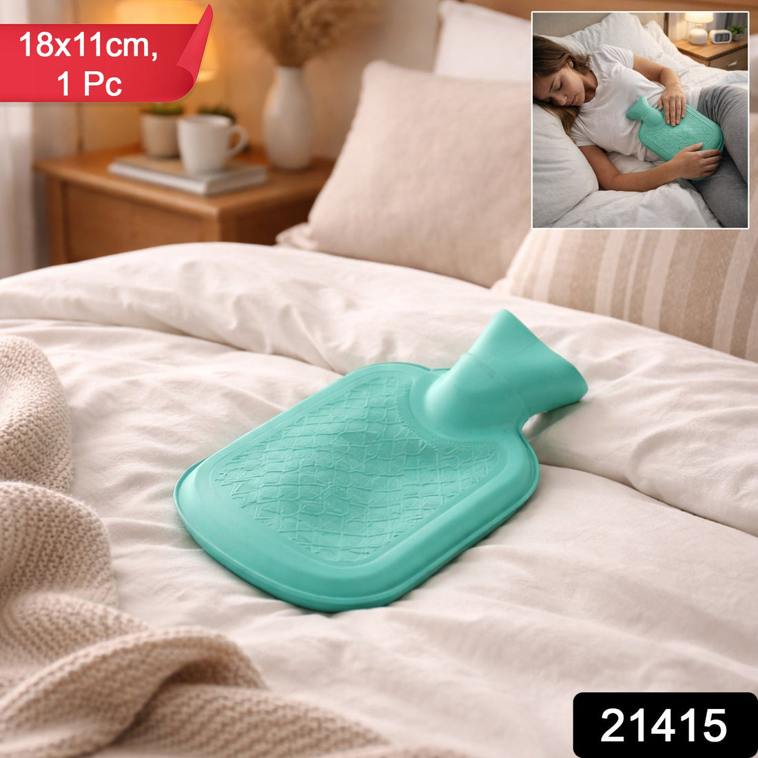 Reusable hot water heating bag measuring 18x11 cm for pain relief therapy