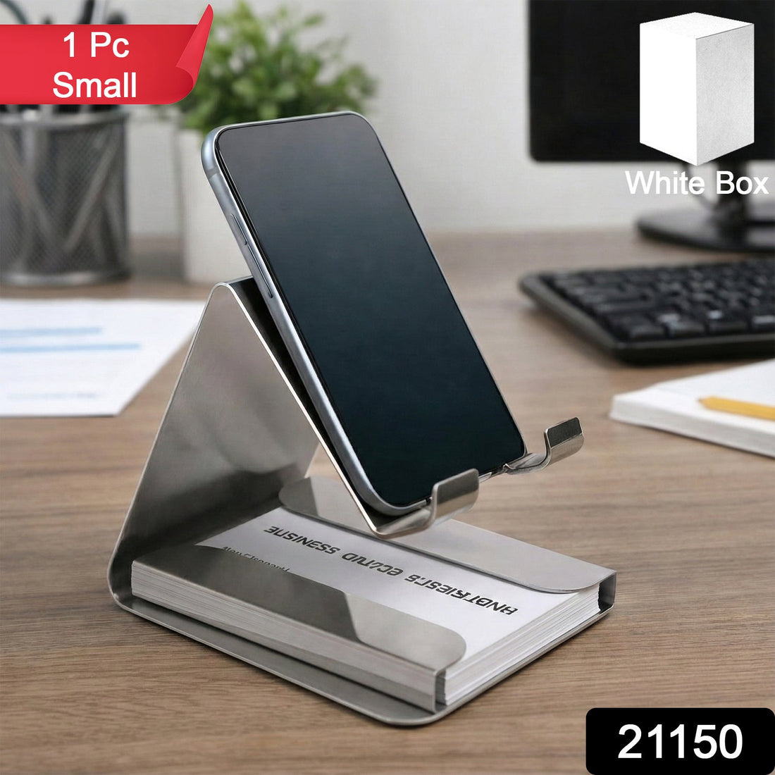 Compact small desktop mobile phone stand holder on office desk