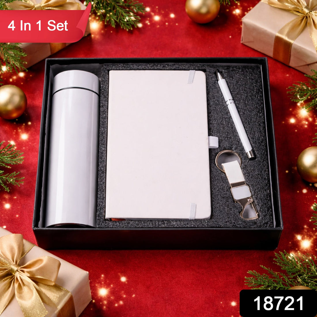 Premium 4-in-1 corporate gift set including bottle, notebook, pen, and keychain