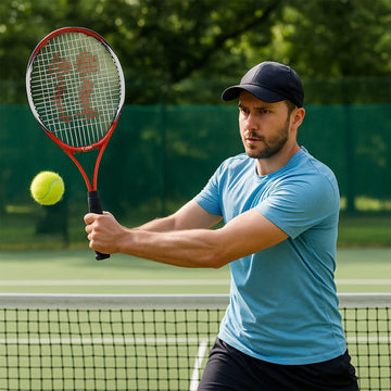 Professional tennis racket with lightweight aluminum frame in red and black design