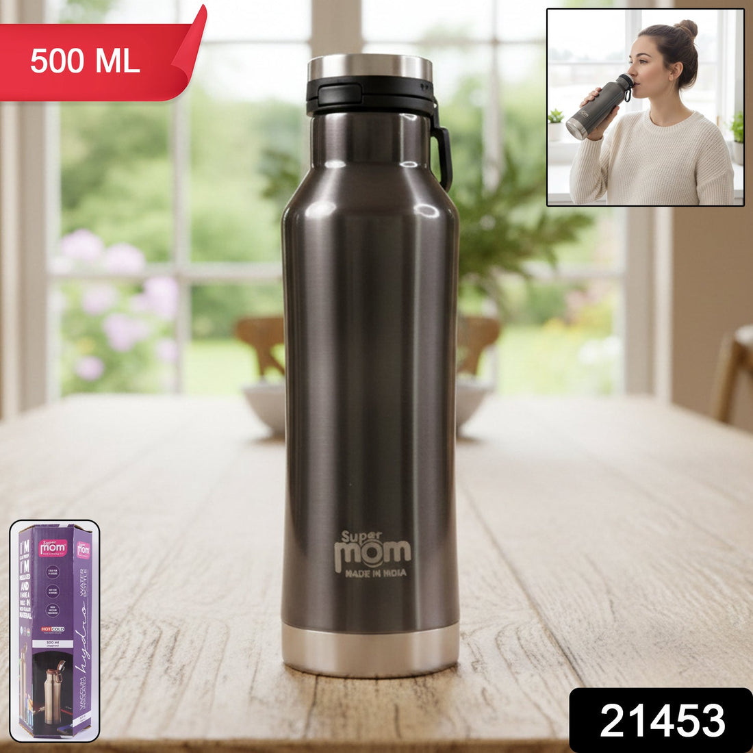 Supermom 500 ml insulated stainless steel hydro water bottle with flip lock lid