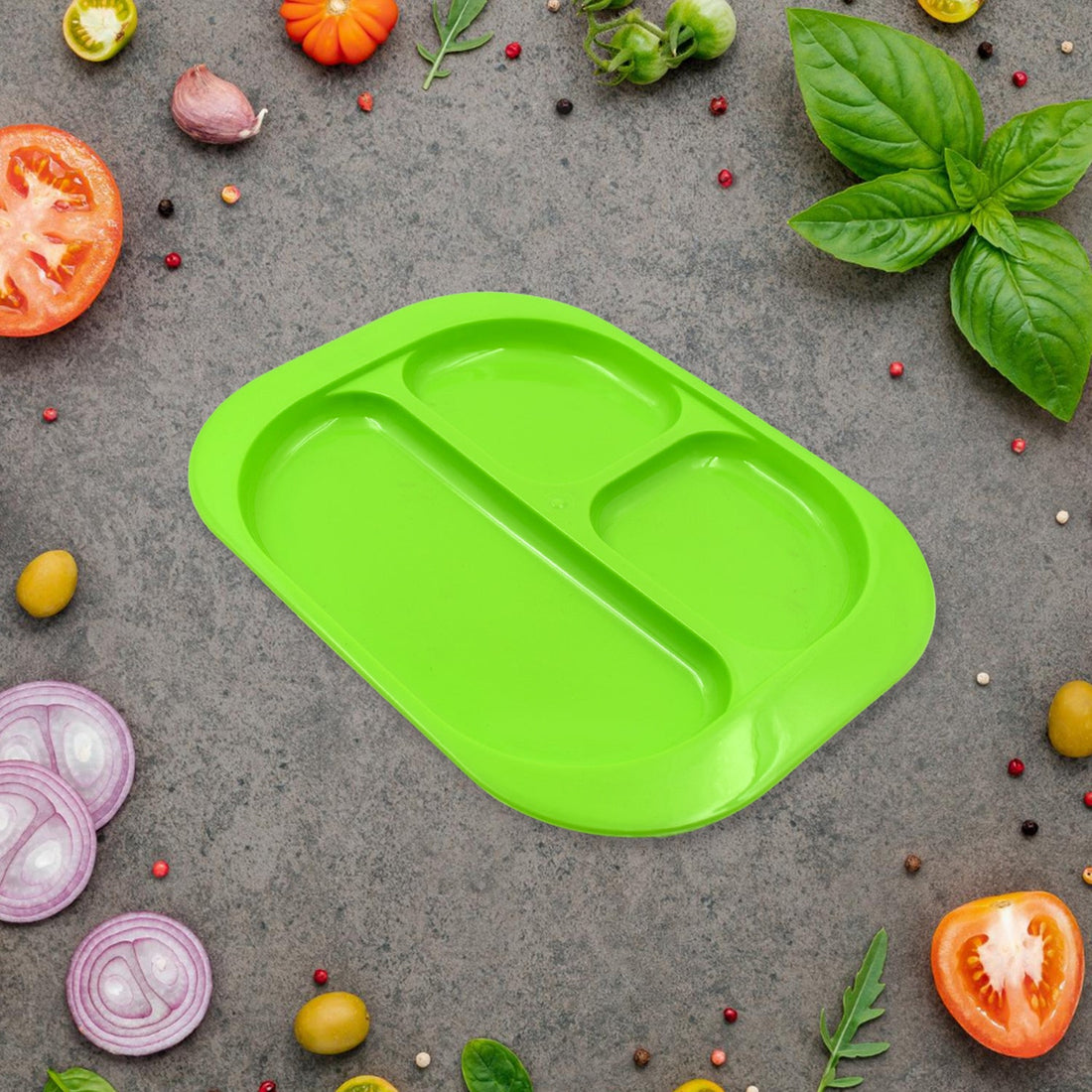 White 3-compartment food plate with matching spoon.