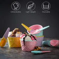 Brightly colored reusable plastic ice cream bowls in a stack.