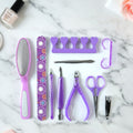 Close-up of manicure and pedicure nail care kit tools for personal grooming
