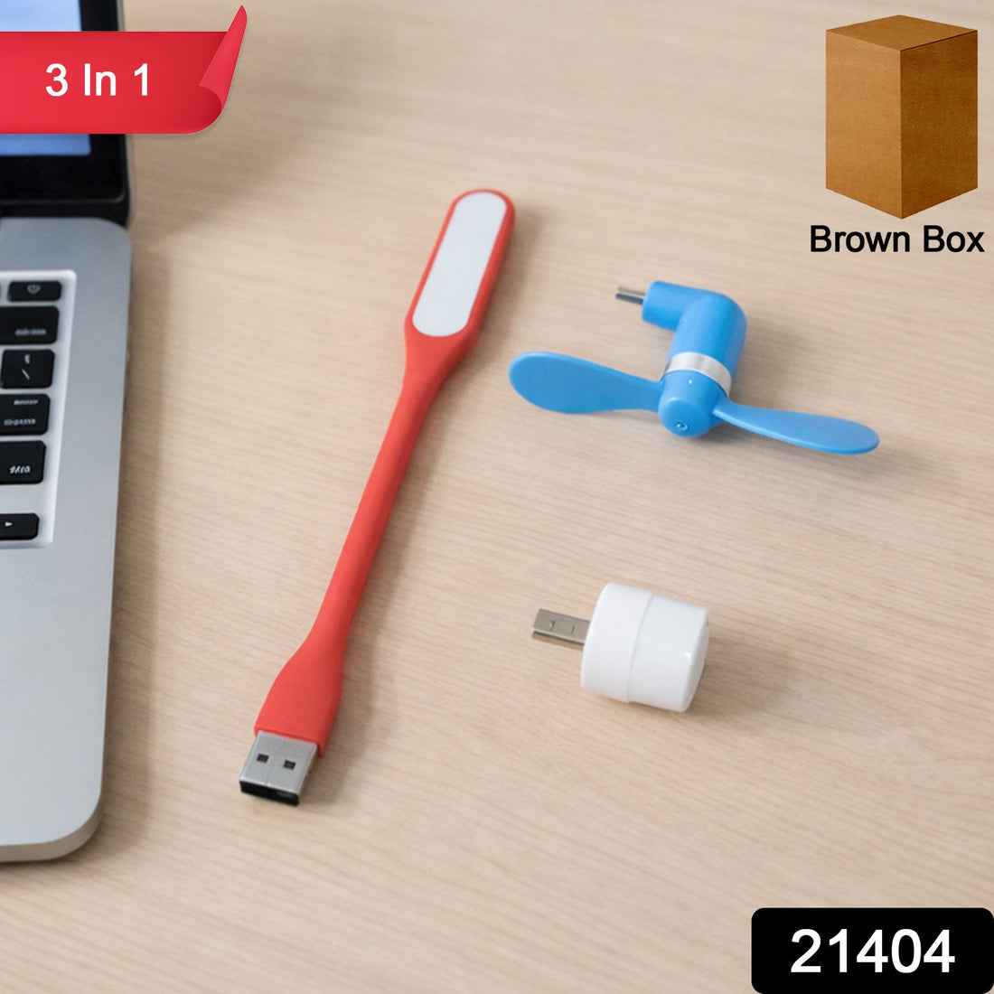 3 in 1 USB laptop accessory combo showing USB LED light, mini fan, and OTG adapter