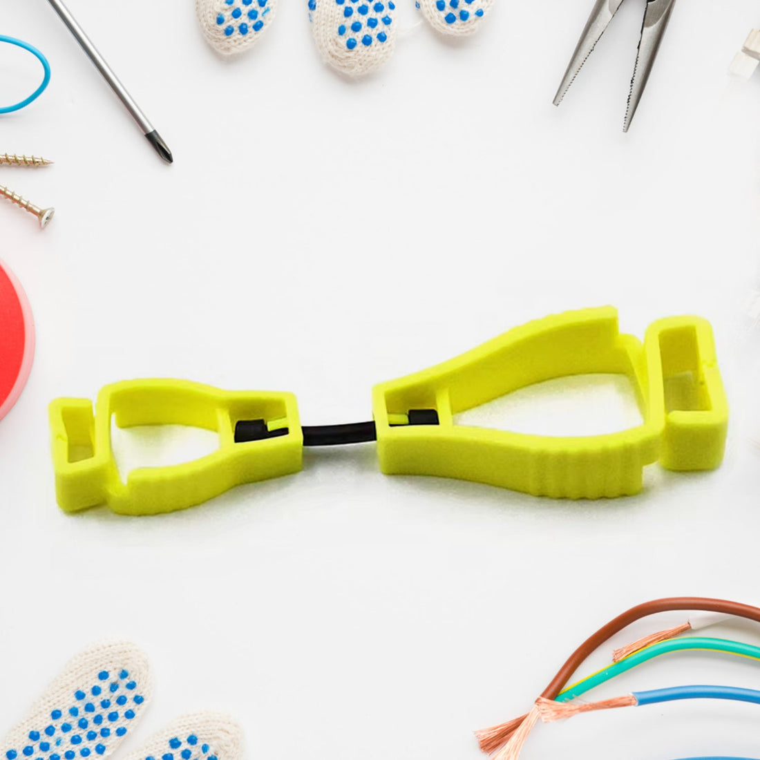 Heavy-duty glove clip holder for securing work gear.