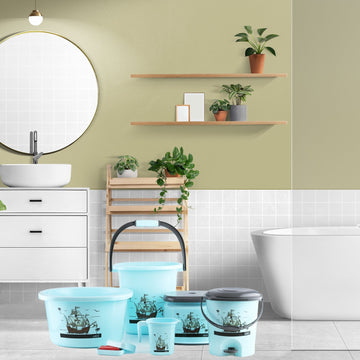 Plastic bathroom accessories set with bucket, mug, stool, and soap case in mixed colors