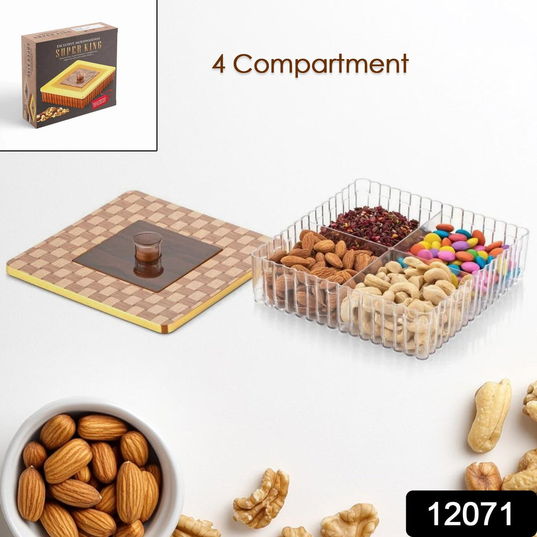 Airtight 4 compartment dry fruit box, perfect for organizing snacks.