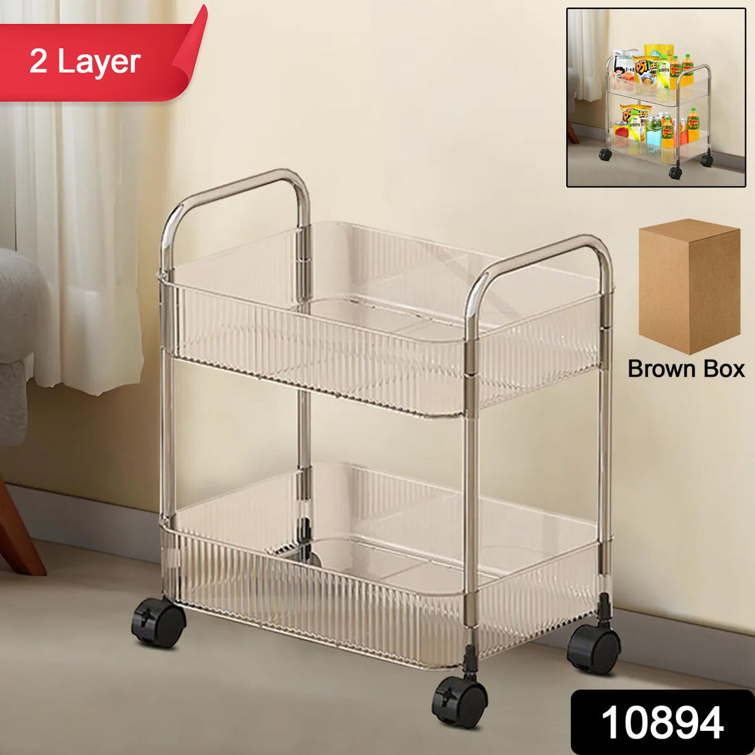 2 Layer Storage Trolley with wheels in kitchen setup, showing compact organizer rack