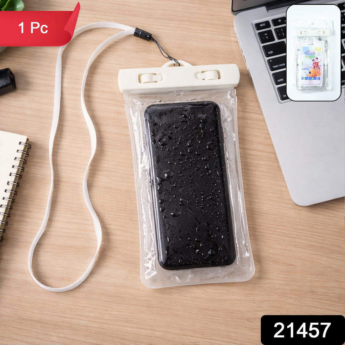 White waterproof phone pouch bag designed for beach use with clear view