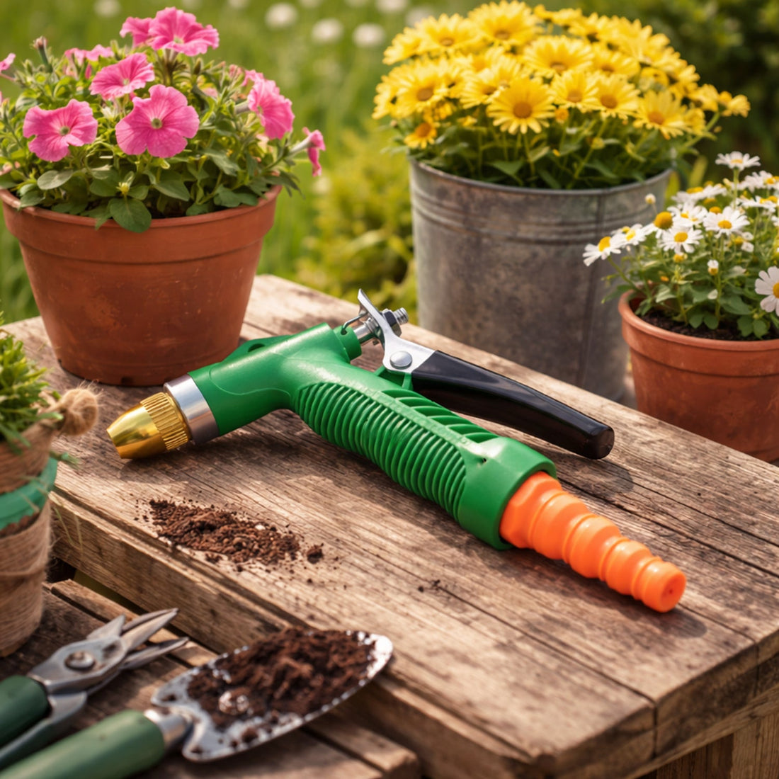 Main view of the green and black water spray gun with an ergonomic lever handle.